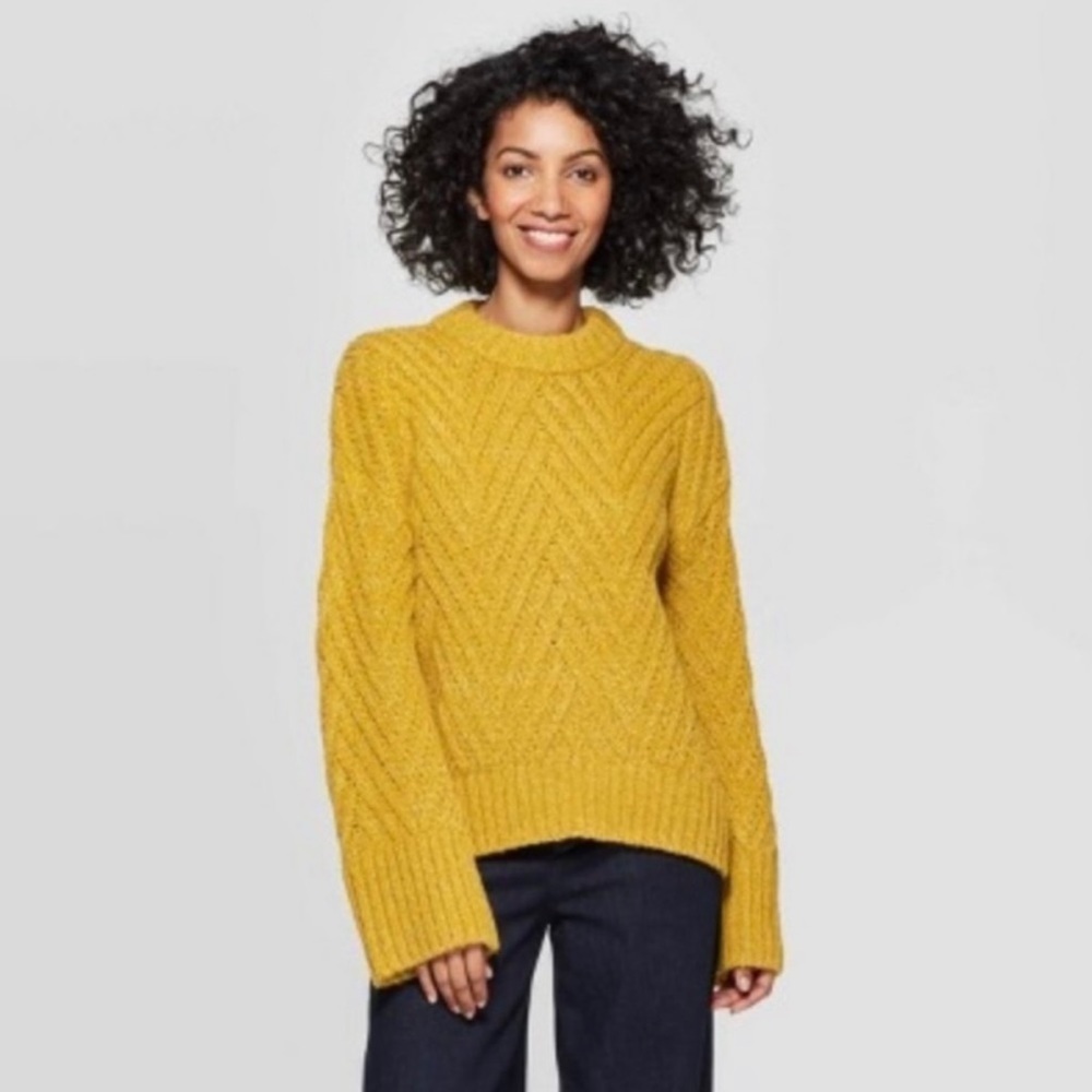 A New Day Yellow Long Sleeve Crew Neck Chunky Knit Sweater Size XS